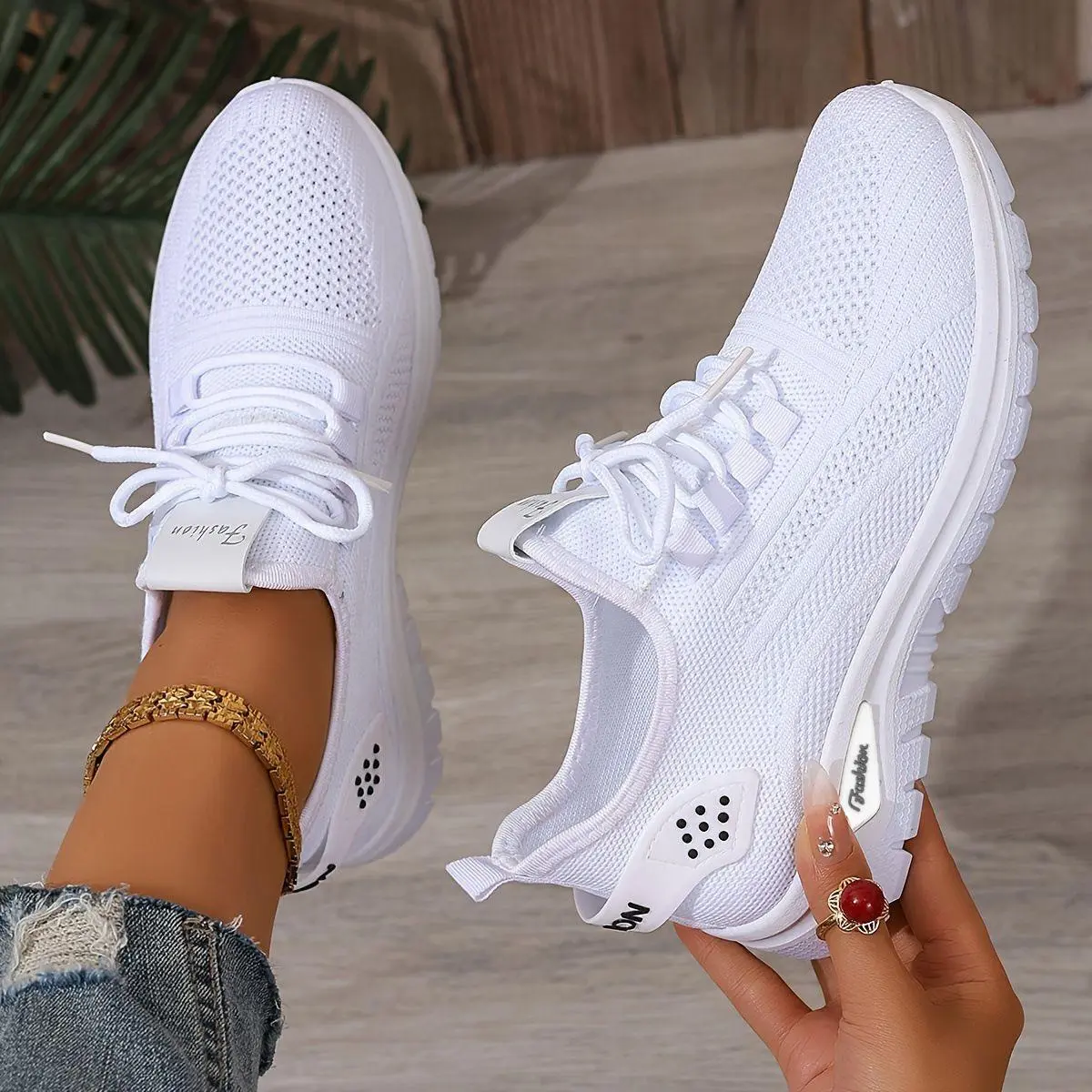 Women Hollow Fly Knit Breathable Casual Sneakers,3.5cm Hidden Height Increase Platform Slip On Walking Shoes,Non-slip Soft Sole All-match White Trainers Keep Feet Cool Athletic Classic shoes for women shoes for women 2026 Footwear