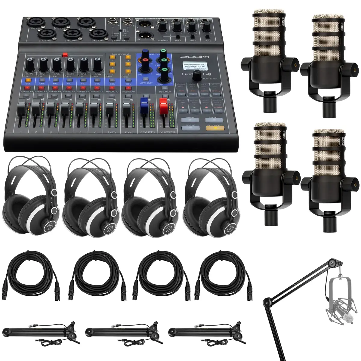 Zoom LiveTrak L-8 Mixer Bundle with 4x Rode Pod Mics with Desk Arm Stand, 4x Headphones, Includes Headphones