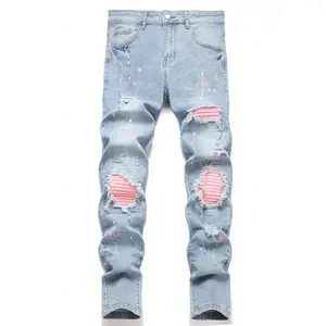 Men's Skinny Jeans Ripped Denim With Patches Long Men Splash Ink Jeans Streetwear Ripped Jeans Men
