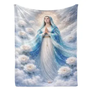 Blessed Virgin Mary Catholic Christian Gift Soft Cozy Flannel Blanket Heavenly White Rose Cloud Religious Print Plush Throw Warm Fuzzy Bedroom Sofa Blanket Perfect Faith Gift for Women Mom Grandma Birthday Mother's Day Holiday Home Decor