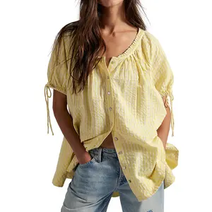 Songling Women's Loose-Fit Checkered Print Top Casual Puff-Sleeve Ruffled Round-Neck Button-Down Shirt Summer Loose Flowing Baby-Doll Top - Elegance, Womenswear