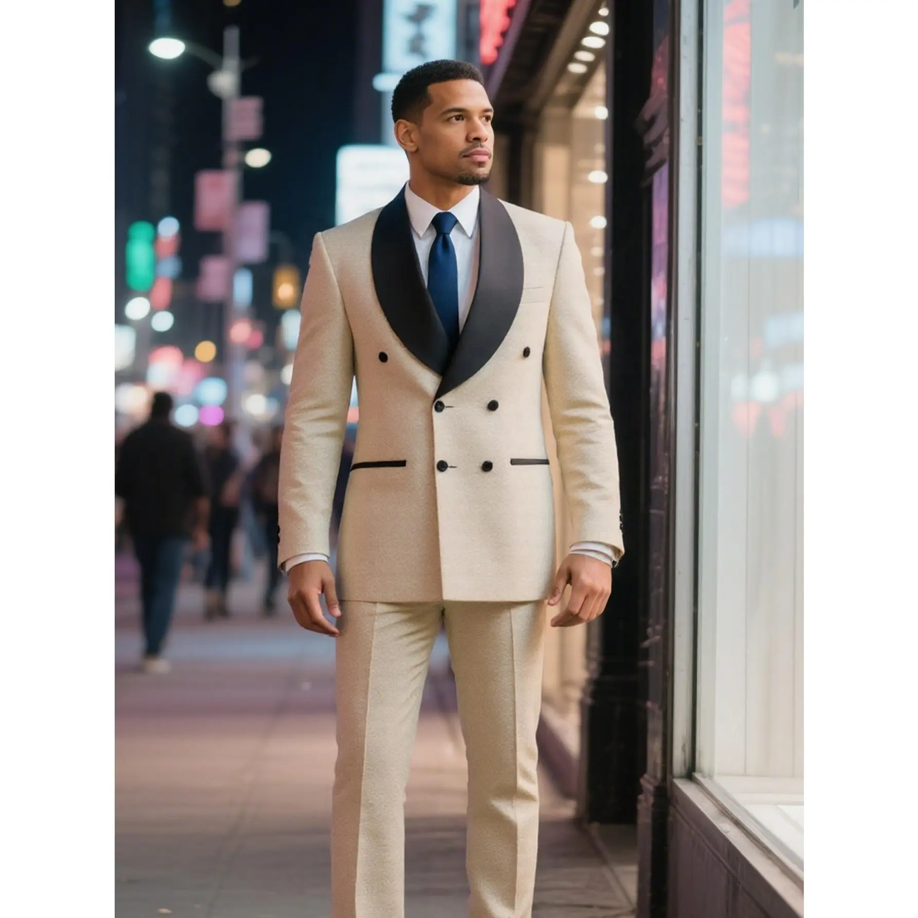 Men's Suit 2 Piece Slim Fit Jacquard Tuxedo Set Shawl Lapel Double Breasted Blazer & Pant | Wedding Formal Business