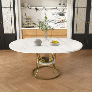 43" to 59" Extendable Round Dining Table for 4-6, Farmhouse Kitchen Table with Storage Shelf & Metal Base, Space-Saving, Easy Expand