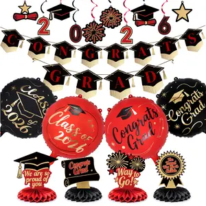 Graduation Decorations Class of 2026 Grad Party Supplies Set with Black Red Congrats 2026 Grad Banner Hanging Swirls Foil Balloons Graduation Cap Centerpieces Party Decorations Black Red 19pcs Banner