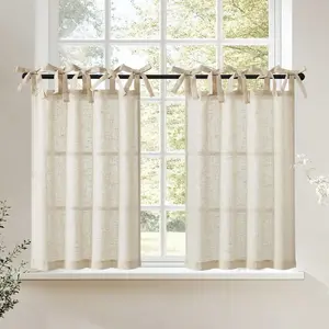 Tie Top Linen Kitchen Curtains Over Sink 36 Inch Length Tier Curtains Farmhouse Rustic Small Cafe Curtain for Bedroom Living Room Bathroom Half Window Light Filtering Privacy 2 Panels Crude