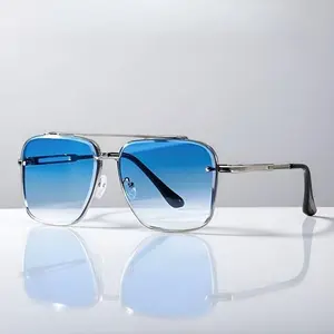 Double Bridge Aviator Sunglasses | Silver Frame with Blue Gradient Lenses - UV400, Perfect for Driving & Trendy Style