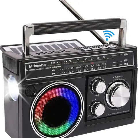 Rechargeable vintage portable radio with Bluetooth speaker, AM/FM/SW shortwave reception, solar-powered emergency radio, USB TF card MP3 music player, ambient RGB lighting, strong antenna signal for home, travel, and outdoor adventures, Audio, Stereo