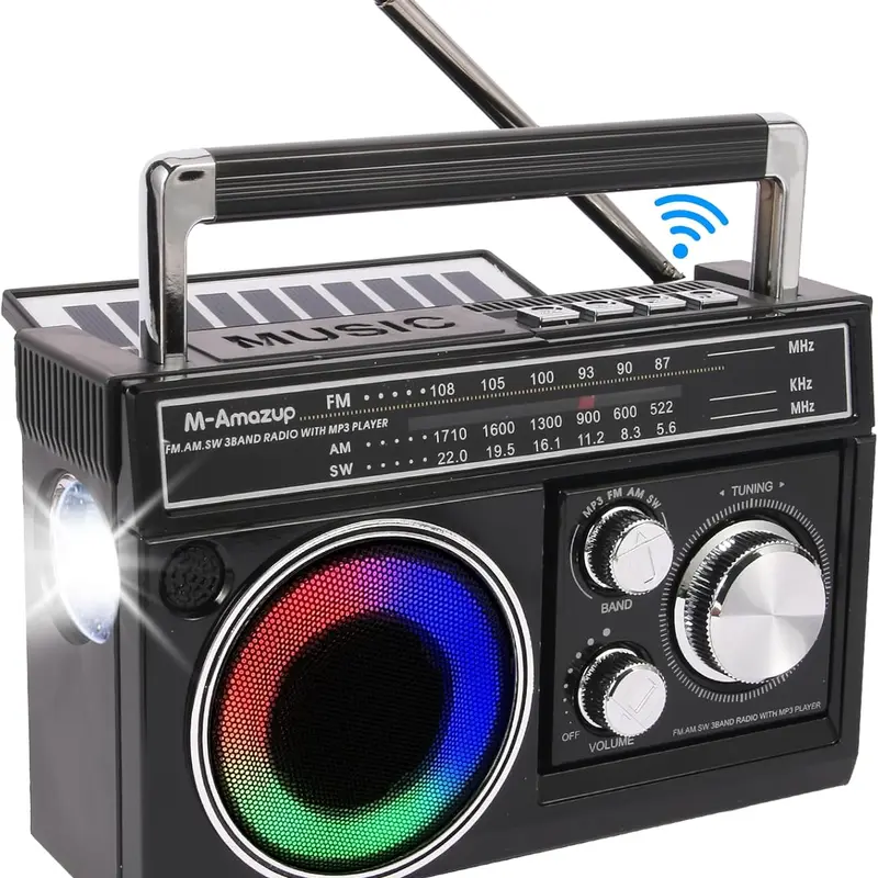 Rechargeable vintage portable radio with Bluetooth speaker, AM/FM/SW shortwave reception, solar-powered emergency radio, USB TF card MP3 music player, ambient RGB lighting, strong antenna signal for home, travel, and outdoor adventures, Audio, Stereo