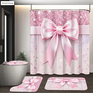 1/3/4PCS Glamorous Pink Bow on Glittery and Wooden Shower Curtain Set with Rugs, Non Slip Bath Mat, U-Shape Carpet, Toilet Lid Cover, Polyester Fabric Bathtub Curtain Accessories, 12 Hooks, Home Bathroom Festival Decor, Shower Essentials