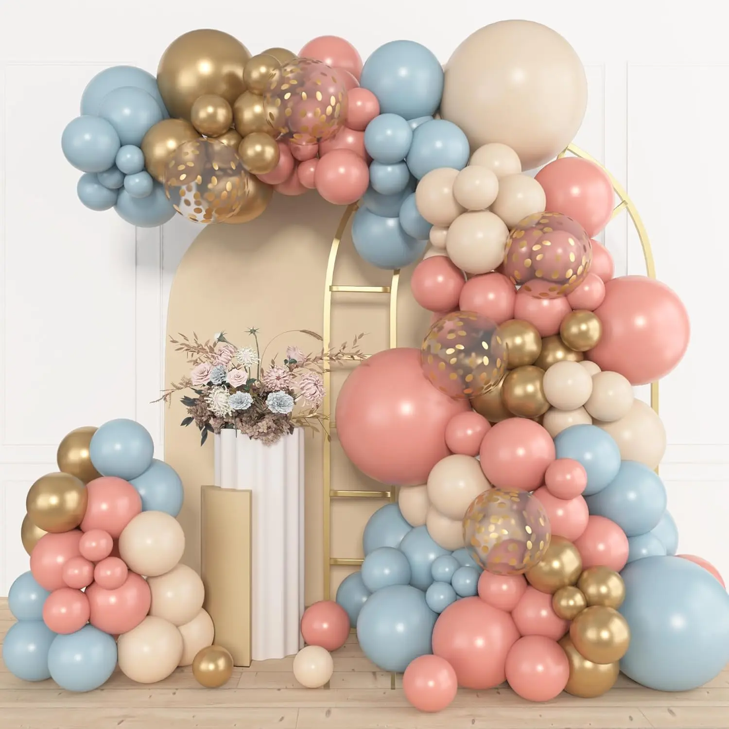 153Pcs Pink Blue Balloon Garland Arch Kit, Different Sizes 18 12 10 5 Inch Dusty Pink Blue Nude Latex Metallic Confetti Gold Balloons For Gender Reveal Neutral Bear Baby Shower Decorations