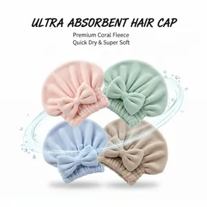 Coral Fleece Quick Dry Hair Drying Cap, Thickened Cute Bow Shower Towel Hat for Women, Super Absorbent No Blow Dry Home Bathroom Indoor Accessory