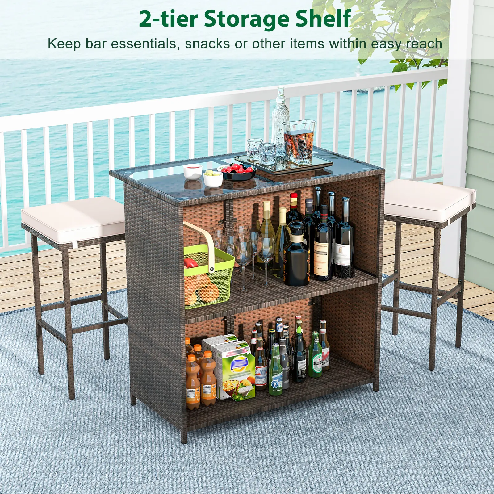 COSTWAY - 3 Pcs Patio Bar Set with Tempered Glass Tabletop-Brown COSTWAY - 3 Pcs Patio Bar Set with Tempered Glass Tabletop-Brown
