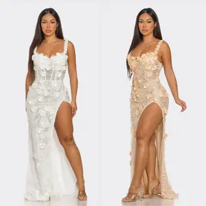Luxury 3D Floral Embellished Corset Gown with High Slit - Elegant Evening Prom & Wedding Dress for Summer Events
