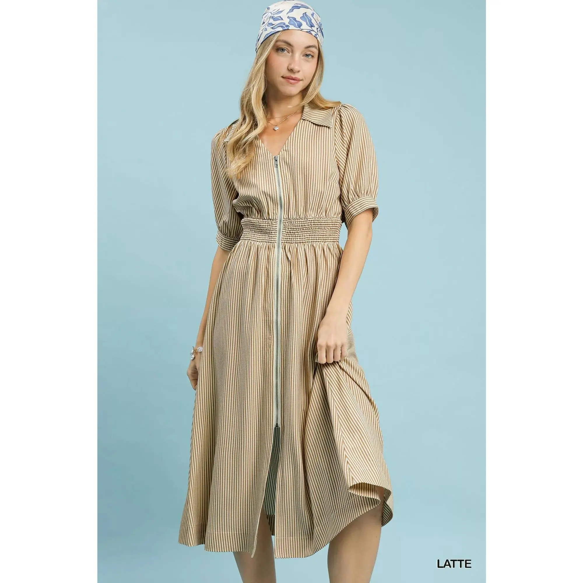 Umgee Striped Midi Dress with Front Zipper