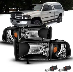 AmeriLite for Dodge 1994-2001 Ram 1500 | 94-2002 Ram 2500 3500 Black OE Halogen Replacement Headlights Assembly w/Corner Lights Set - Passenger and Driver Side