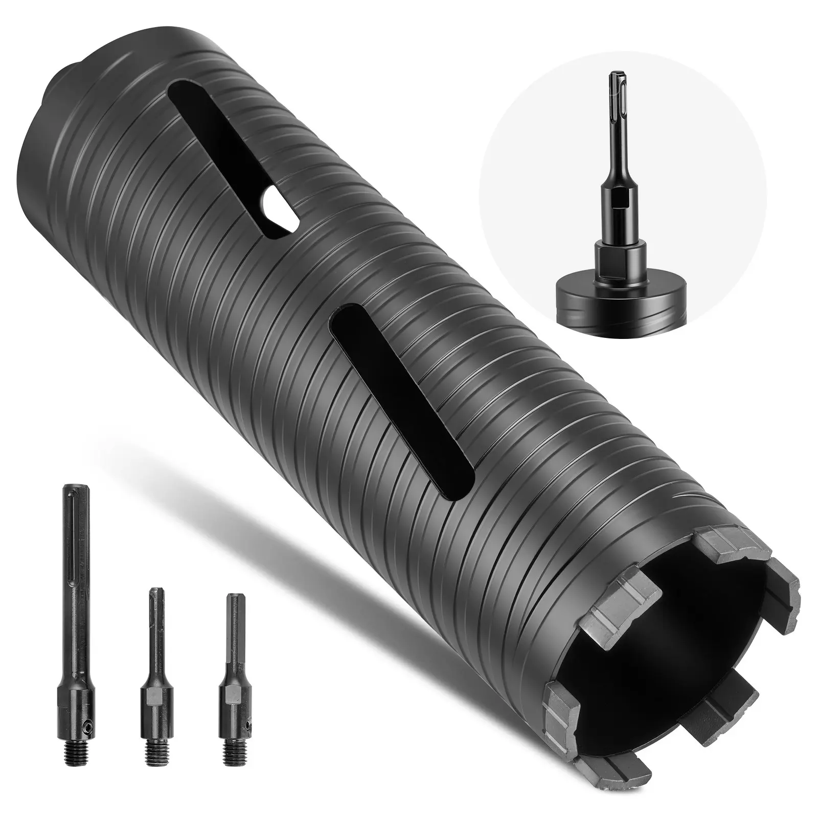 VEVOR 3-in Diamond Dry Coring Bit with Diamond Coating, 9.5in Drilling Depth, 5/8-11 Internal Thread, 3 Adapters, Pilot Drill Tip, Hex Wrench, 95HRB Hardness, 1.72kg (3.79lb), 10.94x3.00x3.00in, Easy to Use, for Concrete, Red Bricks, Airports, Highways