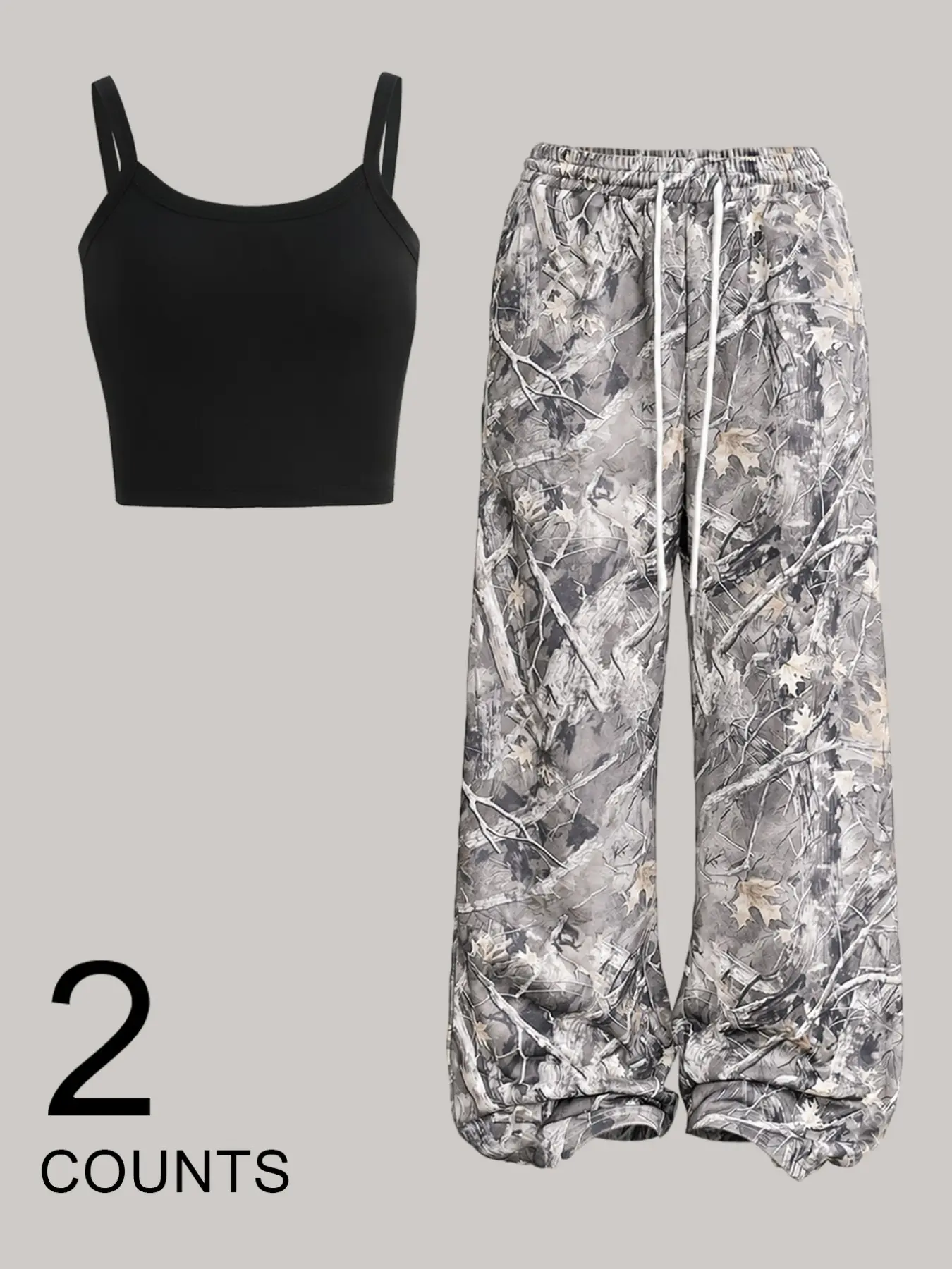2 pieces, Y2K American solid color suspender+withered tree branch drawstring pants casual set, sweet, cool and spicy girl style, loose, Baggy and comfortable wide leg pants, women's daily home and outdoor wear in summer, Fashion Clothes