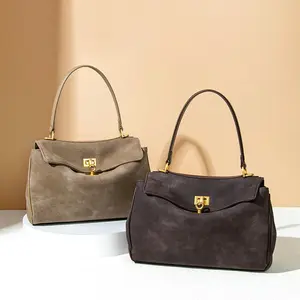 Coffee-colored, warm gray matte suede tote bag for women, large capacity handbag, high-end matte versatile Kelly bag