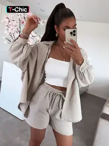 Women's Casual Matching Two-Piece Set, Long Sleeve Shirt & High Waist Shorts with Buttons & Drawstring Waist, Perfect for Daily Wear Outfit