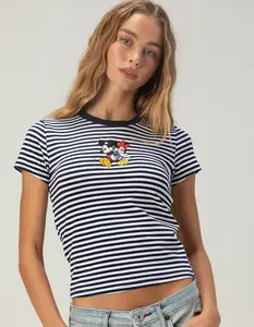 MICKEY MOUSE DISNEY Minnie And Mickey Womens Embroidered Stripe Baby Tee