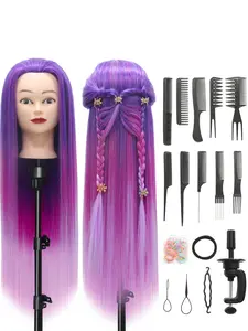Training Head 28 inch 100% Synthetic Fiber Styling Head, Hairdressing Head with Free Clamp and DIY Set, Wig Tool