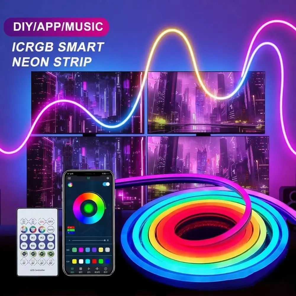 USB RGBIC Neon LED Strip Lights with Bluetooth APP Control Music Sync Waterproof Flexible Tape for Gaming Room Party Decor