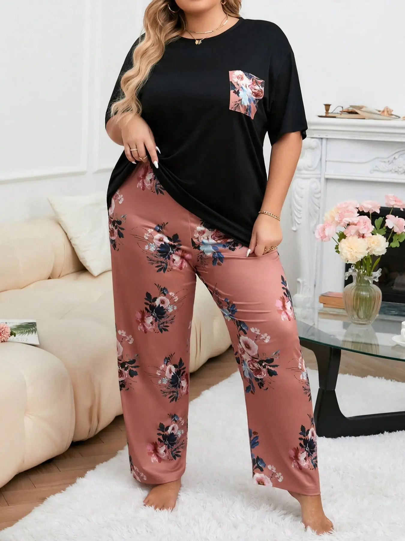 Women's Plus Size Casual Short Sleeve Top, Rose Floral Print Long Pants, Homewear Loungewear Two-Piece Pajama Set, Outerwear Available, Pajamas For Adults