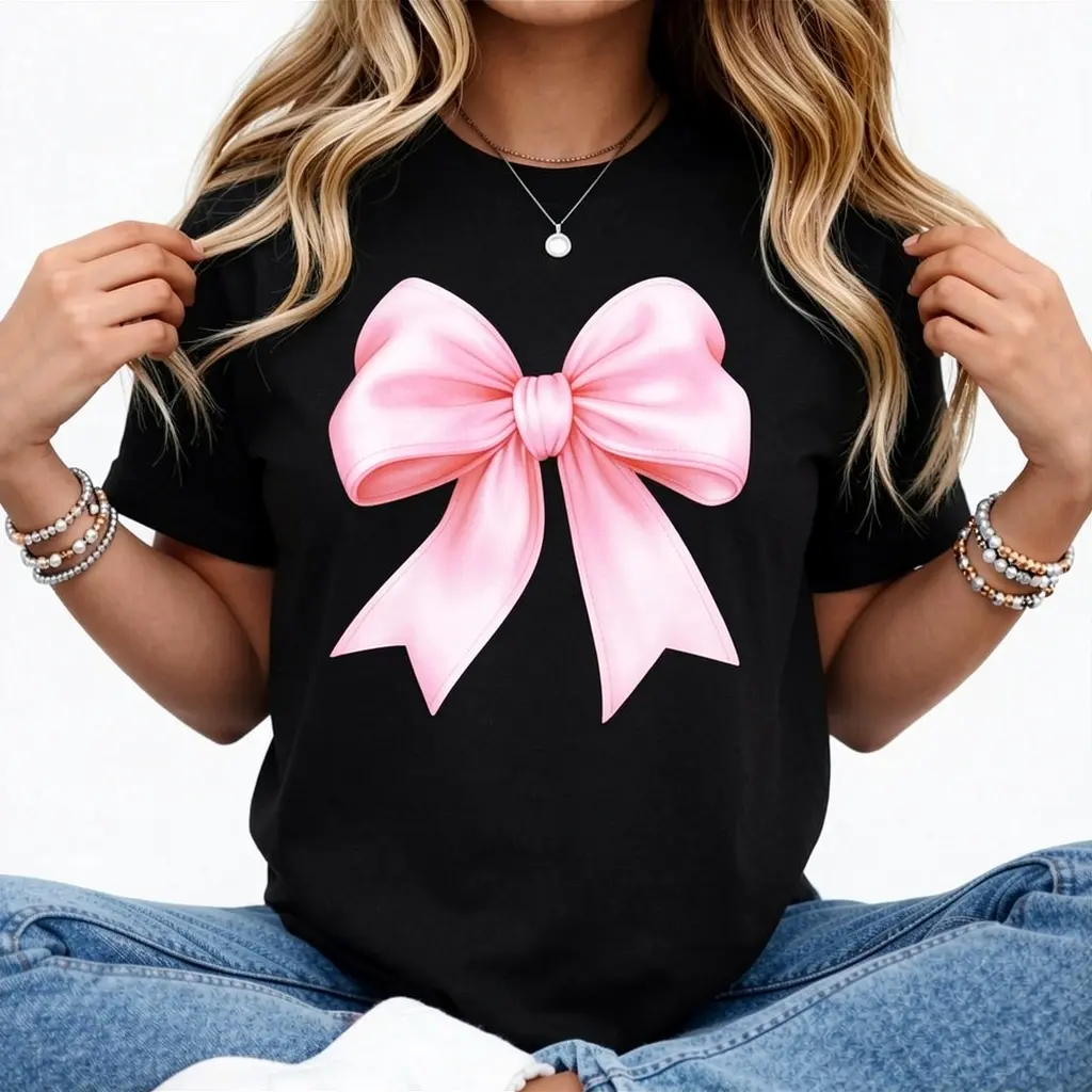 Ladies' Short-Sleeve Ribbed Graphic T-Shirts - Cute Pink Bowknot Ribbon Print, Girly Aesthetic, Breathable Casual Everyday Wear Top