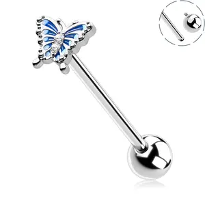 Oufer 316L Stainless Steel Internally Threaded Blue Butterfly Tongue Barbell Ring