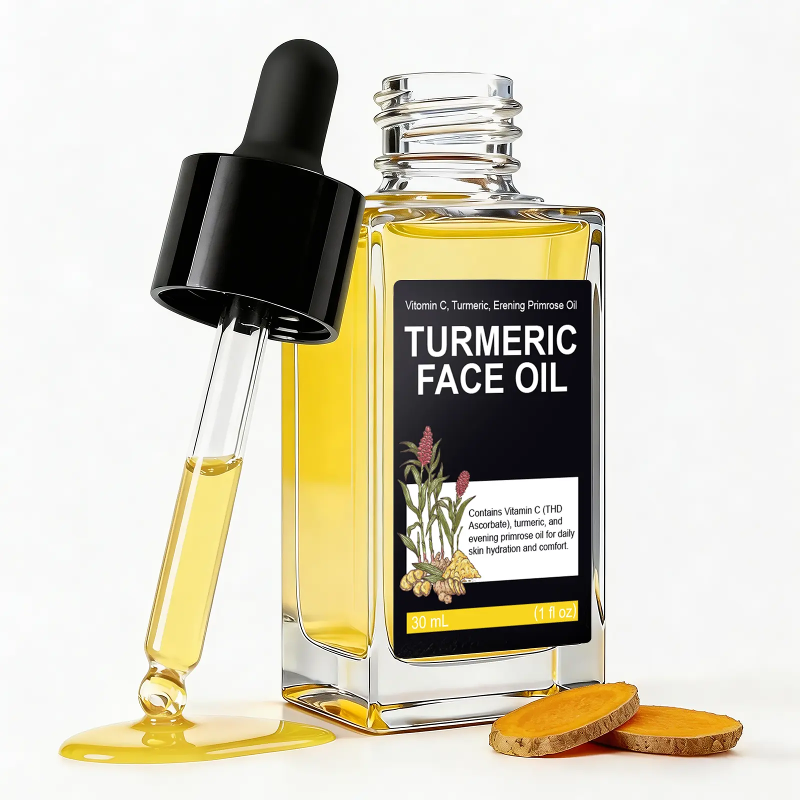 Natural Turmeric Face Oil for Skin Discoloration, Dark Spot Corrector with Evening Primrose Oil & Glycerin Oil for Skin, Moisturizing Facial Oil Enhances Radiance, Hydration & Smooth Face Glass Skin, Daily Skincare for Women & Men, Body Oil Moisture