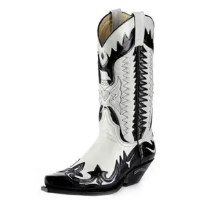 Men's Stylish Embroidered Black and White Pointed Toe PU Leather Slip-On Boots, All-Seasons Casual Wear, Comfortable Durable Versatile Fashion Footwear