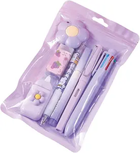 Valentine Day Gift  Cute Stationery Set - School Supplies, Office Supplies, Ballpoint Pens, Pencil Sharpener, Highlighter, Correction Tape, Ruler Purple 7 Pcs