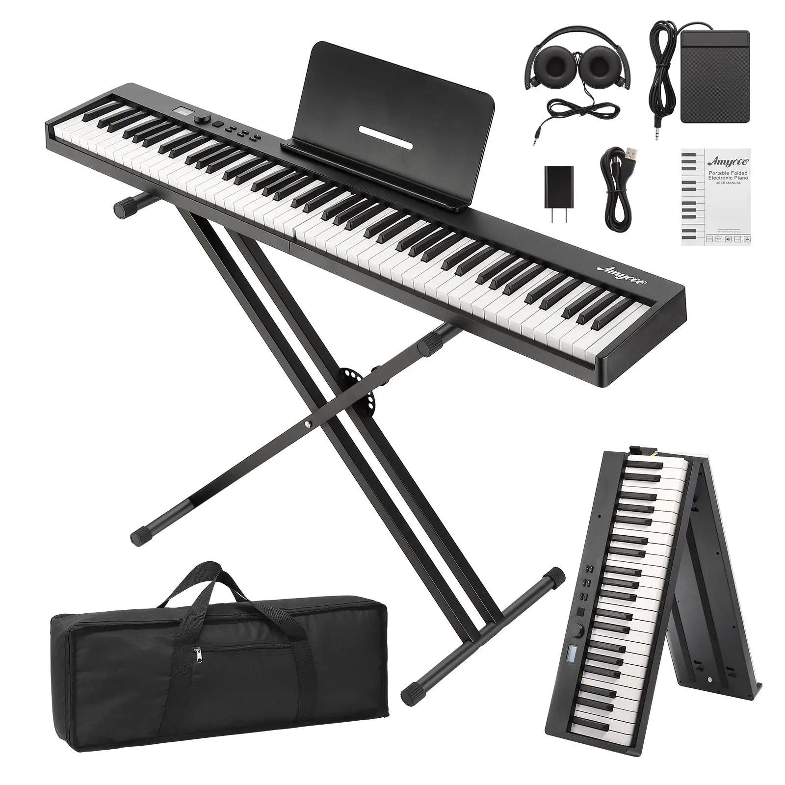GARVEE 88-Key Folding Piano Keyboard: Portable Full-Size Digital Piano with Stand, Sustain Pedal, Headphones, Handbag, Bluetooth, and USB MIDI - Perfect for Beginners and Adults