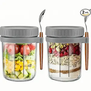2pcs Overnight Oats Canister Set, Sealed Glass Mason Jar with Lid and Spoon, BPA-Free Leak-Proof, Dishwasher Safe, Ideal for Meal Prep, Yogurt, Salad