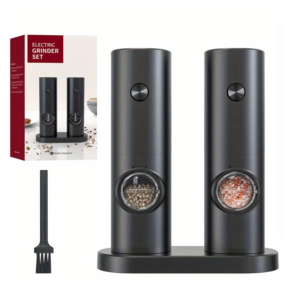 Electric Grinder Set without Battery, 1 Count/2 Counts/set Battery Powered LED Light Adjustable Salt and Pepper Grinder with Base and Brush, Summer fo