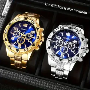 2 Piece Men's Fashion Quartz Watch Set - Stainless Steel Strap And Alloy Case, The I Male Gift For Dad Or Him- Eid Al-Adha [Middle East Direction]