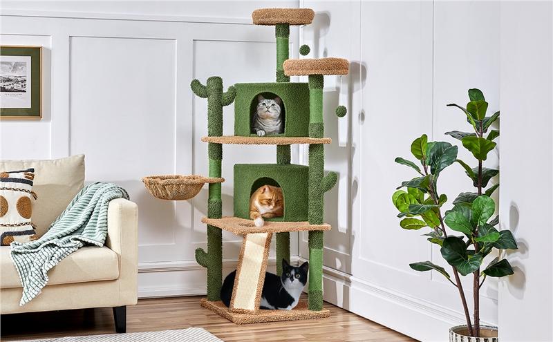Yaheetech Cactus Cat Tree, 66in Cat Tower for Indoor Cats, Multi-Level Cat Tree with Large Condos & Ramp, Pet Play House with Padded Perch, Platforms, Basket & Hanging Ball, Green/Brown