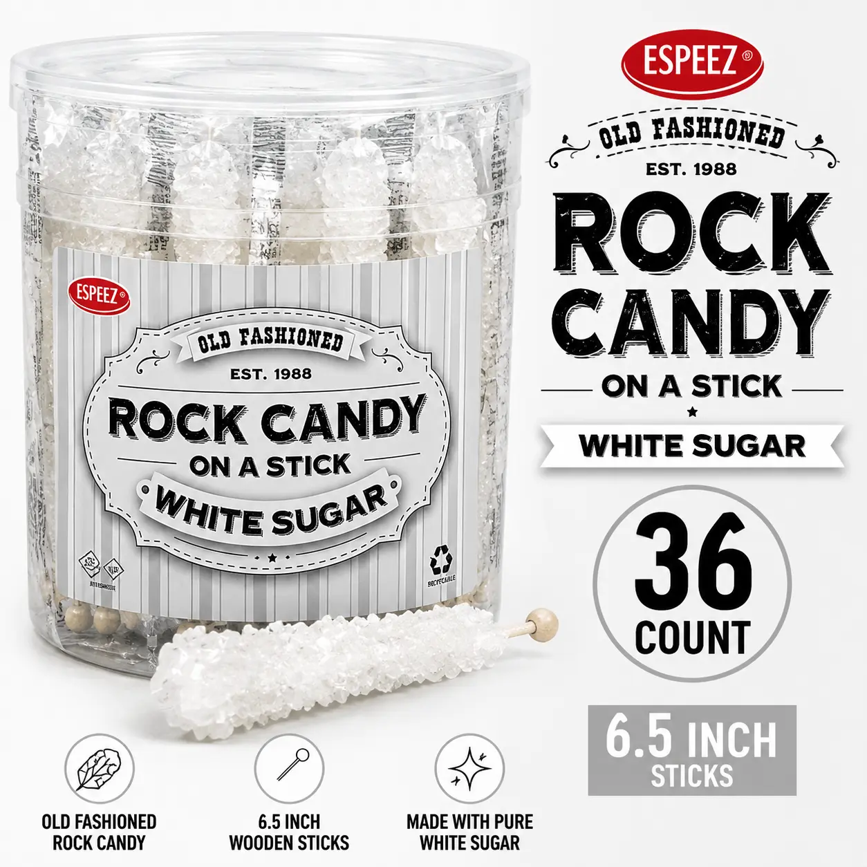 Espeez White Rock Candy Sticks 6.5" 36 Count  Crystal Sugar Candy on a Stick | Elegant Party Favors, Candy Buffets & Events