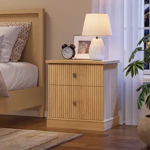 Minimalist Design, 24" Bedside Table Small Accent Storage Cabinet with 2 Drawers, Modern Bedside Table, Modern Fluted Nightstand, Curved Stable Base Side End Table, Natural