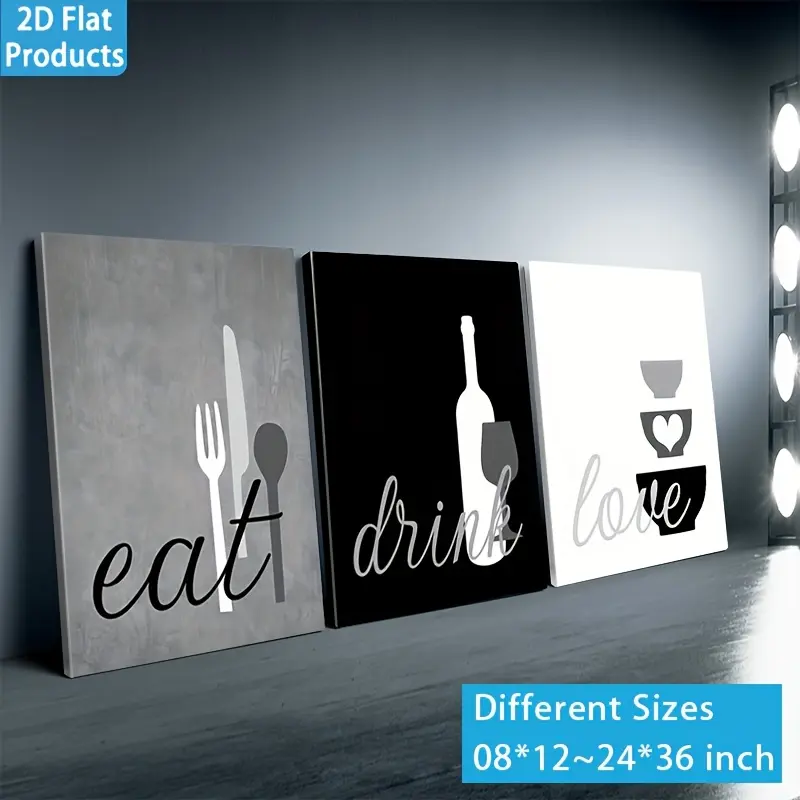 Artistic Modern 3-Piece Geometric Kitchen Wall Decor Set - Framed "Eat, Drink, Love" 2D Flat Canvas Print, Waterproof, High Gloss, Large Hanging Room Art, Various Sizes, Ideal for Home Kitchen, Mother's Day Gift
