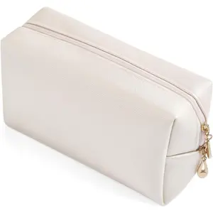 PU Leather Cosmetic Bag for Women Minimalism Makeup Bag for Daily Use Portable Storage Purse Small Neat Cosmetic Pouch Water-resistant Toiletry Bag for Travel (Ivory White)
