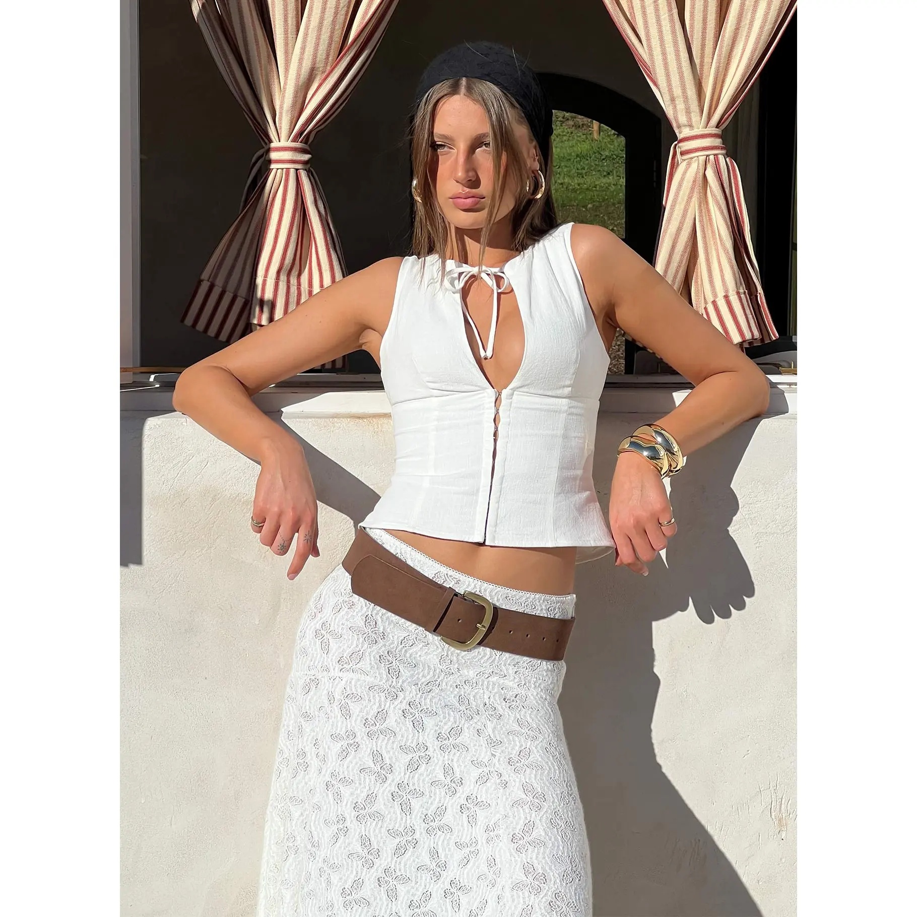 knee length dresses for ladies Alissea Keyhole Linen Blend Mini Dress White main image 0