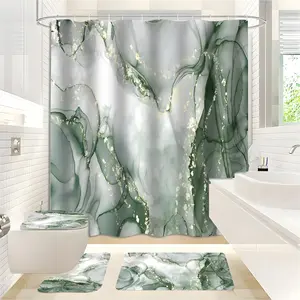 JIT 1/3/4 pcs Bathroom Set - Dark Green with Gold Flowing Fluid Artistic Texture Pattern Bathroom Decor Set - Bathtub Cover, Bath Mat, Shower Curtain, 12 Hooks, Suitable for Bathroom Home Decoration