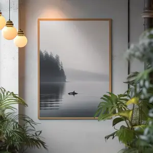 Minimalist Orca Poster, PNW Ocean Wall Art, Foggy Whale Print, Moody Coastal Decor, Black and White Sea Art, Modern Marine Poster F