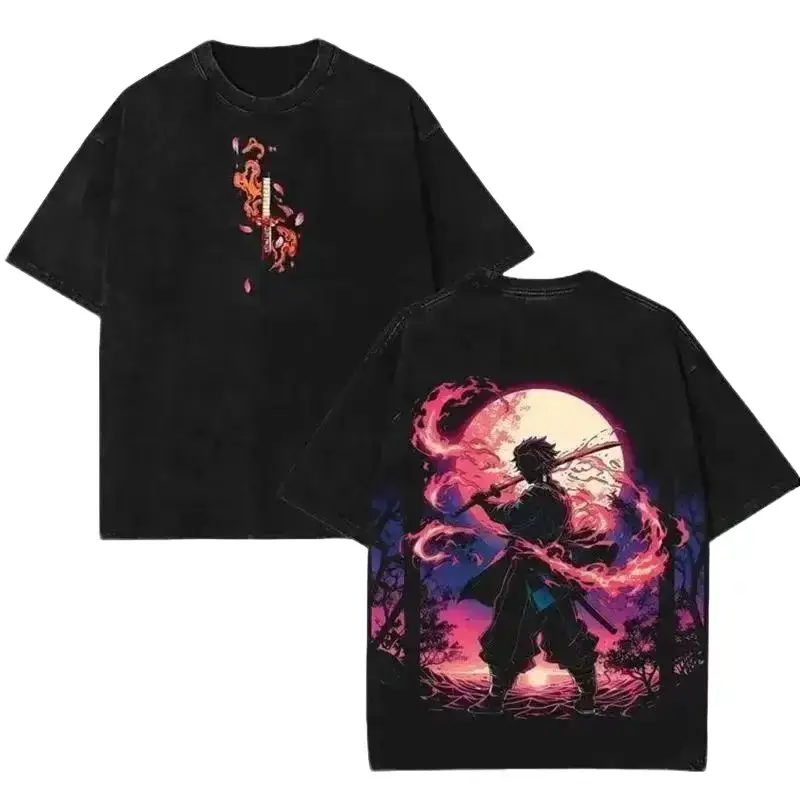 Men's Oversized Demon Slayer T-shirt, Tanjiro Kamado 2-Sided Print - Heavyweight 230gsm Shortsleeve Menswear, Soft-Feel Clothes, Character Element Men's Short-Sleeve T-Shirts