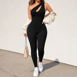 One Shoulder Cutout Ribbed Jumpsuit, Women's Sleeveless Form-Fitting Unitard with High Waist for Gym, Errands & Everyday