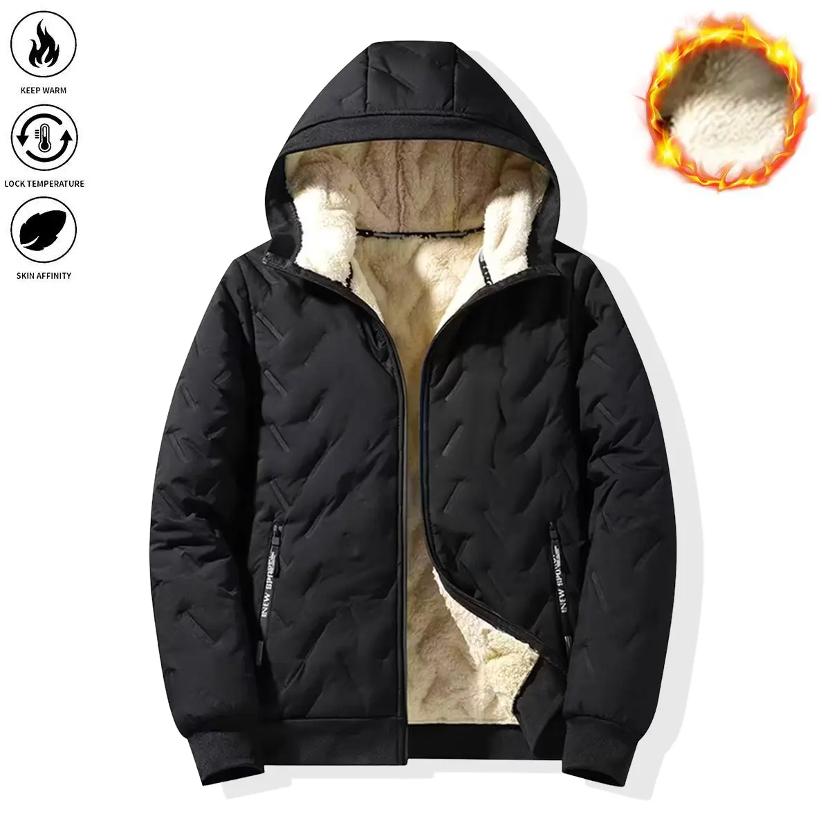 Men’s Basic Korean Woven Winter Hooded Jacket, Thick Warm Zip-Up Windproof Outerwear with Full Zipper Closure, Front Pockets, Suitable for Outdoor Sports, Commuting, Cold Weather
