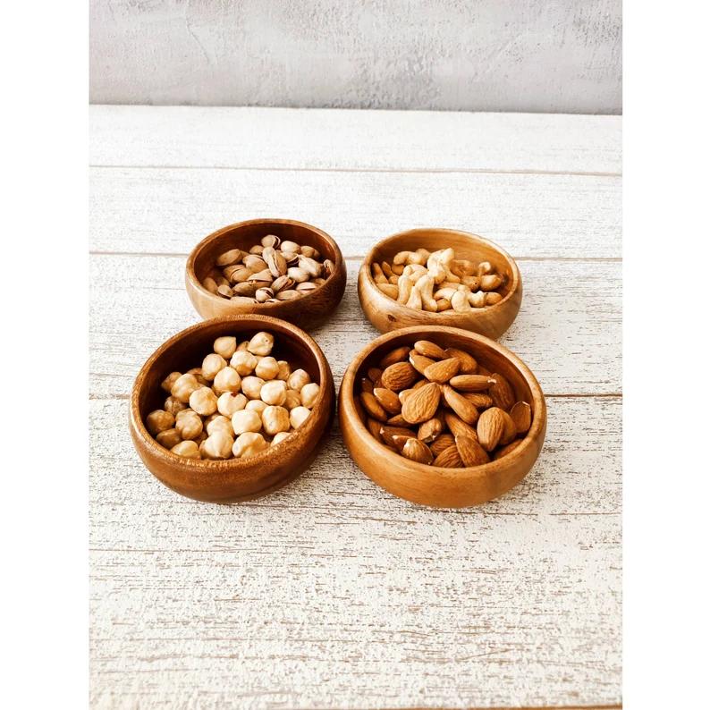 Set Of 4 Wooden Bowls, Acacia Candle Bowl, Acacia Wood Snack Bowl, Carved Wooden Bowl