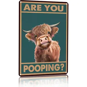 Vintage Highland Cow Are You Pooping Funny Tin Sign for Bathroom Toilet Wall Decor 8 X 12 Inch (3039), Humor, Room Decor