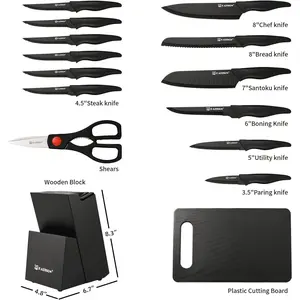 16 Pieces Kitchen Knife Block Set with Cutting Board, German Premium Quality Stainless Steel, Built-in sharpener, Dishwasher Safe, 6 Steak Knives, Anti-slip handle, Black Kitchen Knives Plastic Wooden